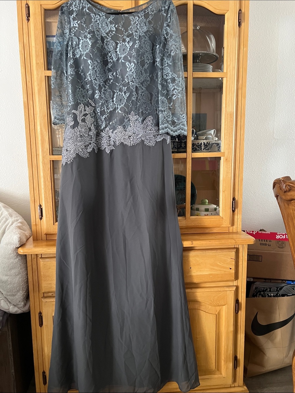 JJs House Steel Gray Lace Bodice Evening Gown